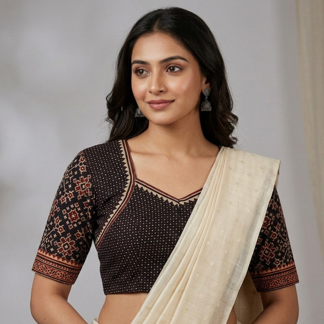 Black Gamathi Readymade Blouse with Patola Print Sleeves