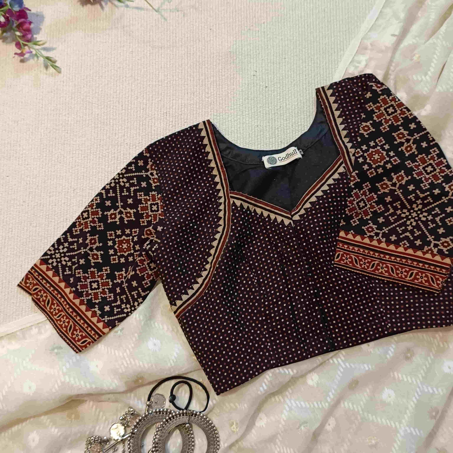 Black Gamathi Readymade Blouse with Patola Print Sleeves