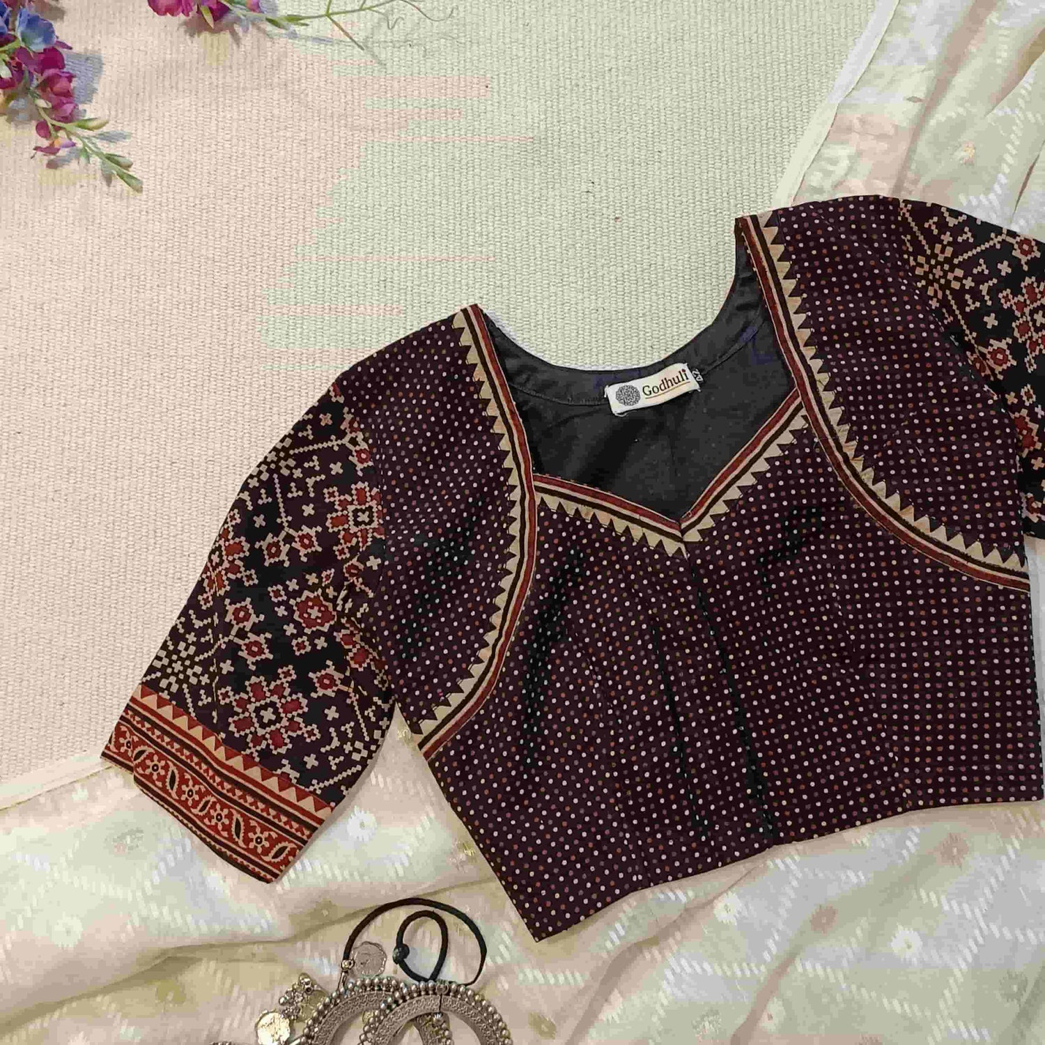 Black Gamathi Readymade Blouse with Patola Print Sleeves