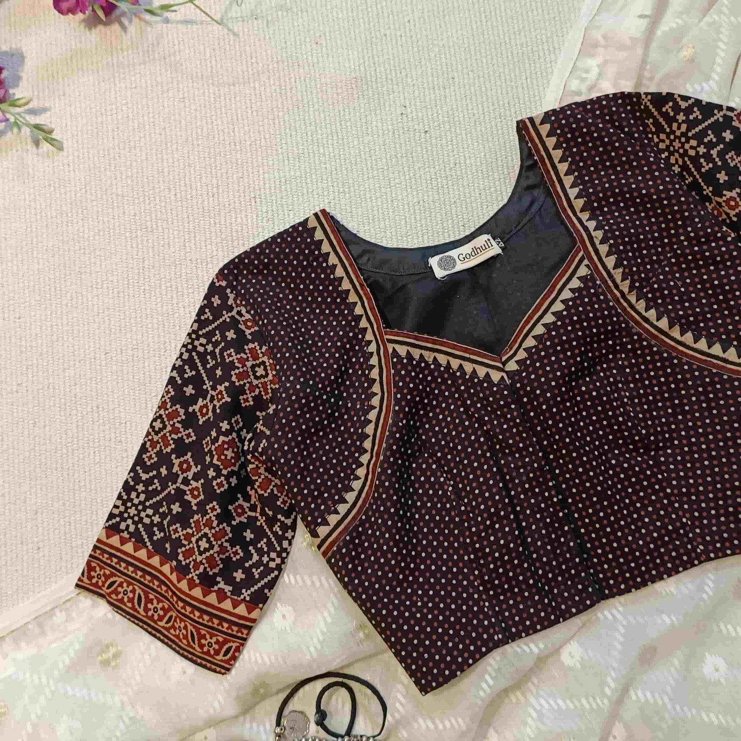 Black Gamathi Readymade Blouse with Patola Print Sleeves