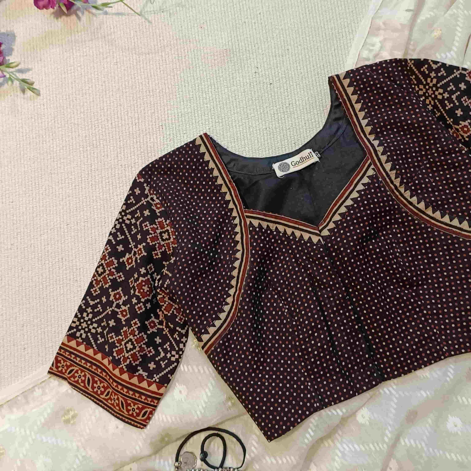 Black Gamathi Readymade Blouse with Patola Print Sleeves