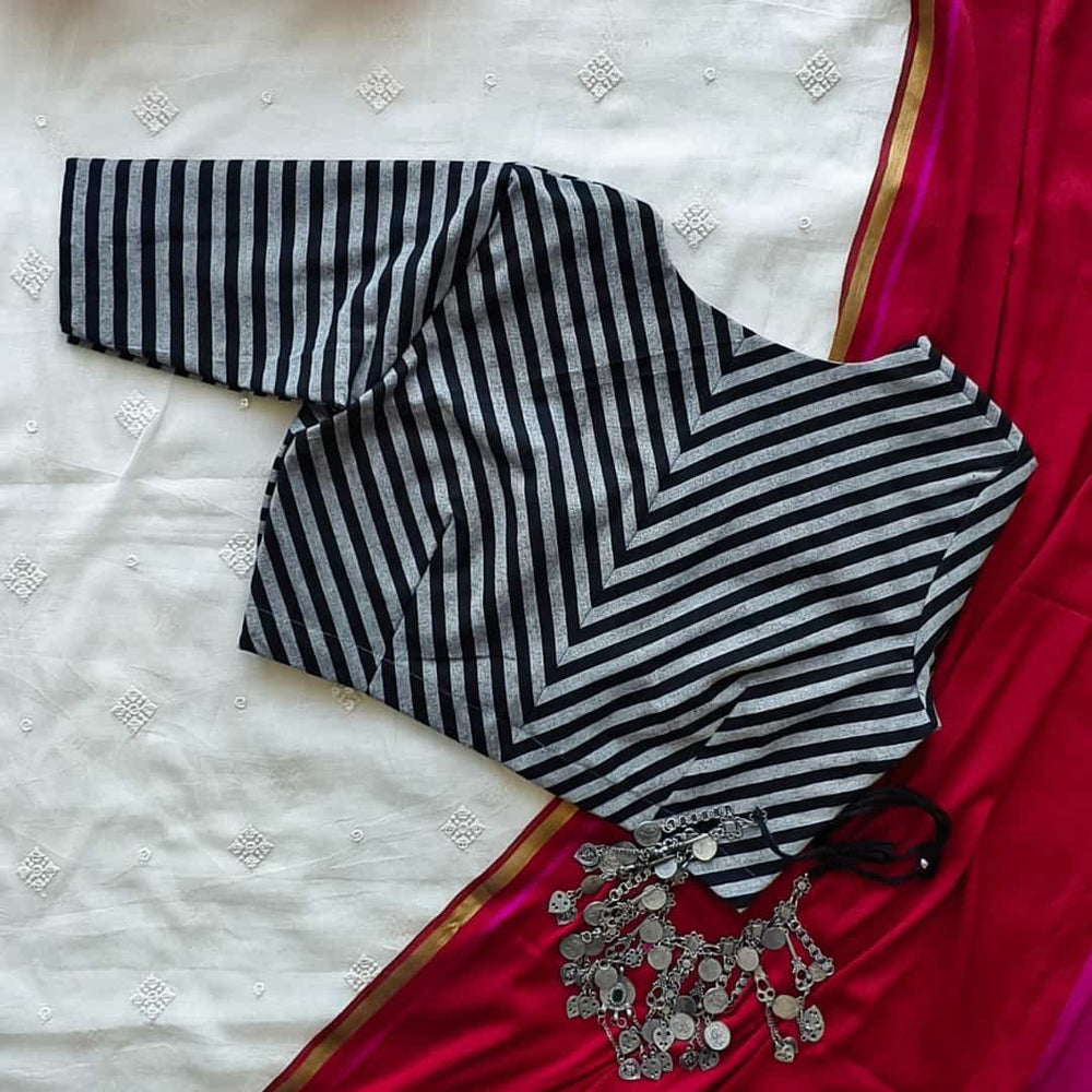 Black Grey Monochrome Stripes Blouse | Godhuli