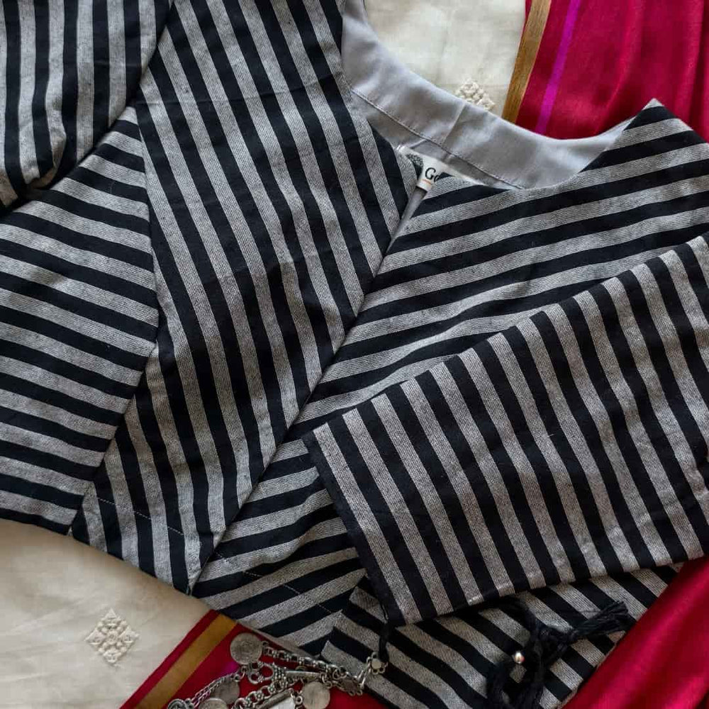 Black Grey Monochrome Stripes Blouse | Godhuli