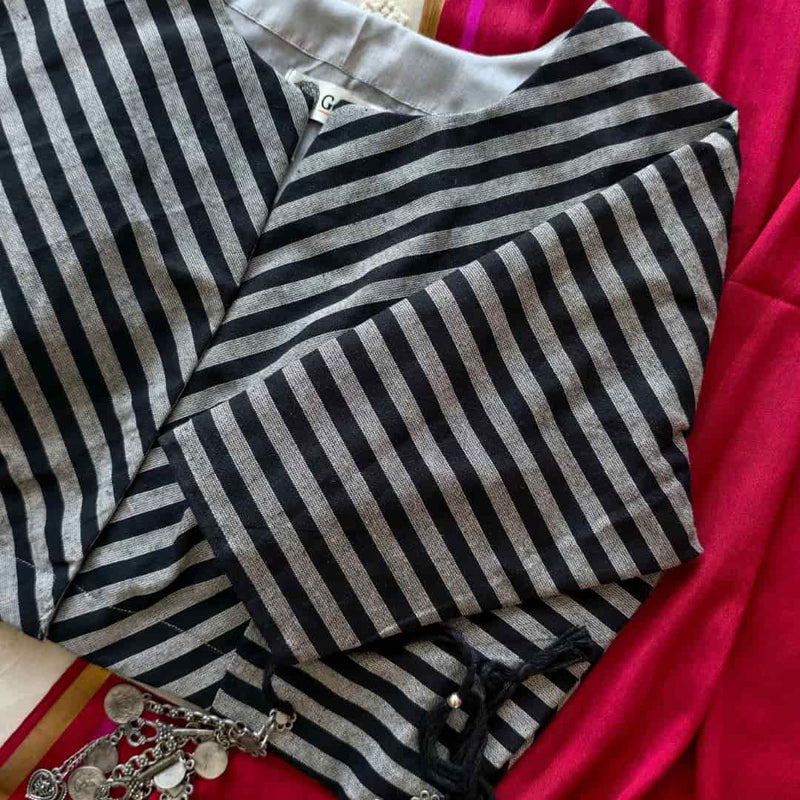 Black Grey Monochrome Stripes Blouse | Godhuli