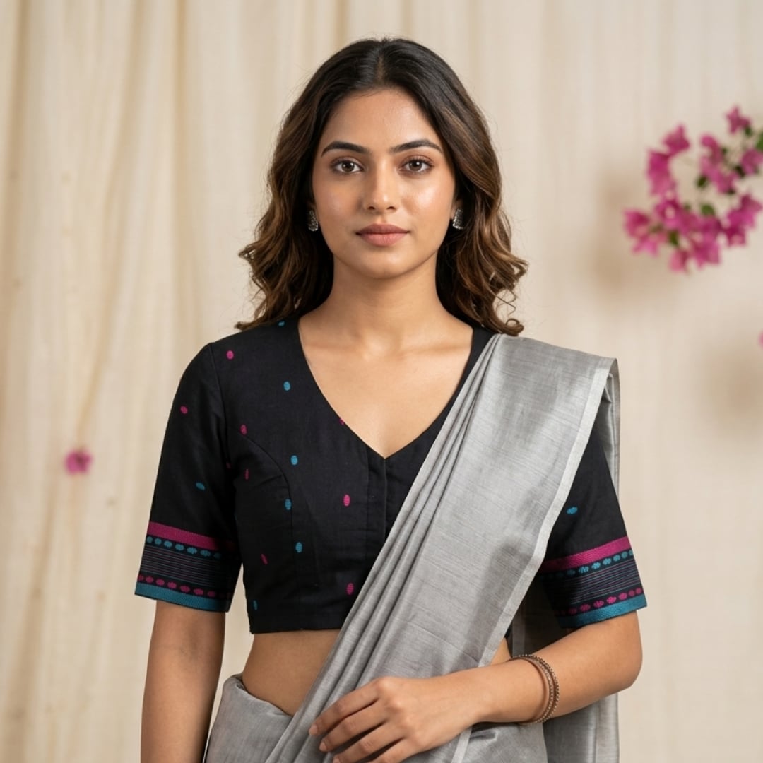 Black Jacquard with Rani Turquoise Weave Motif Readymade Blouse | Godhuli