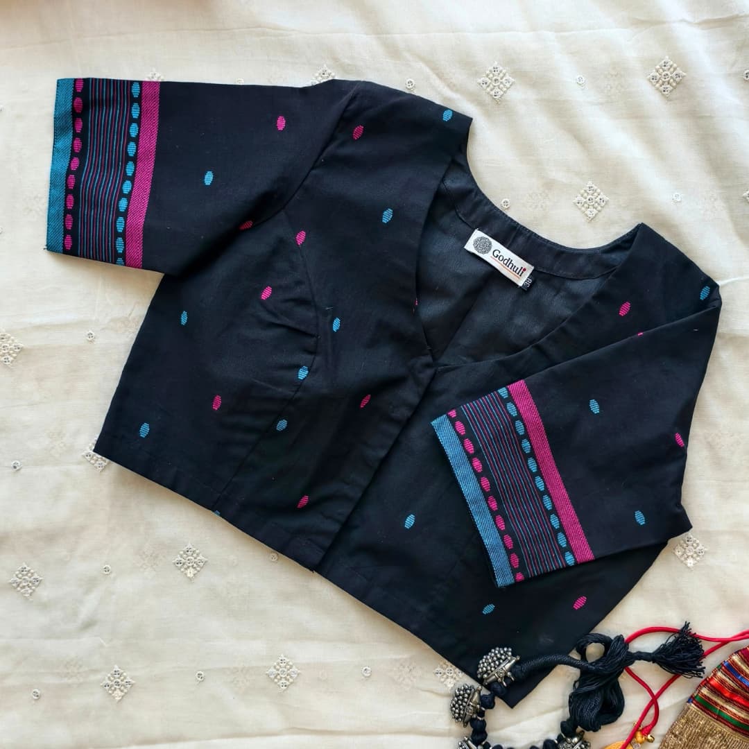 Black Jacquard with Rani Turquoise Weave Motif Readymade Blouse | Godhuli