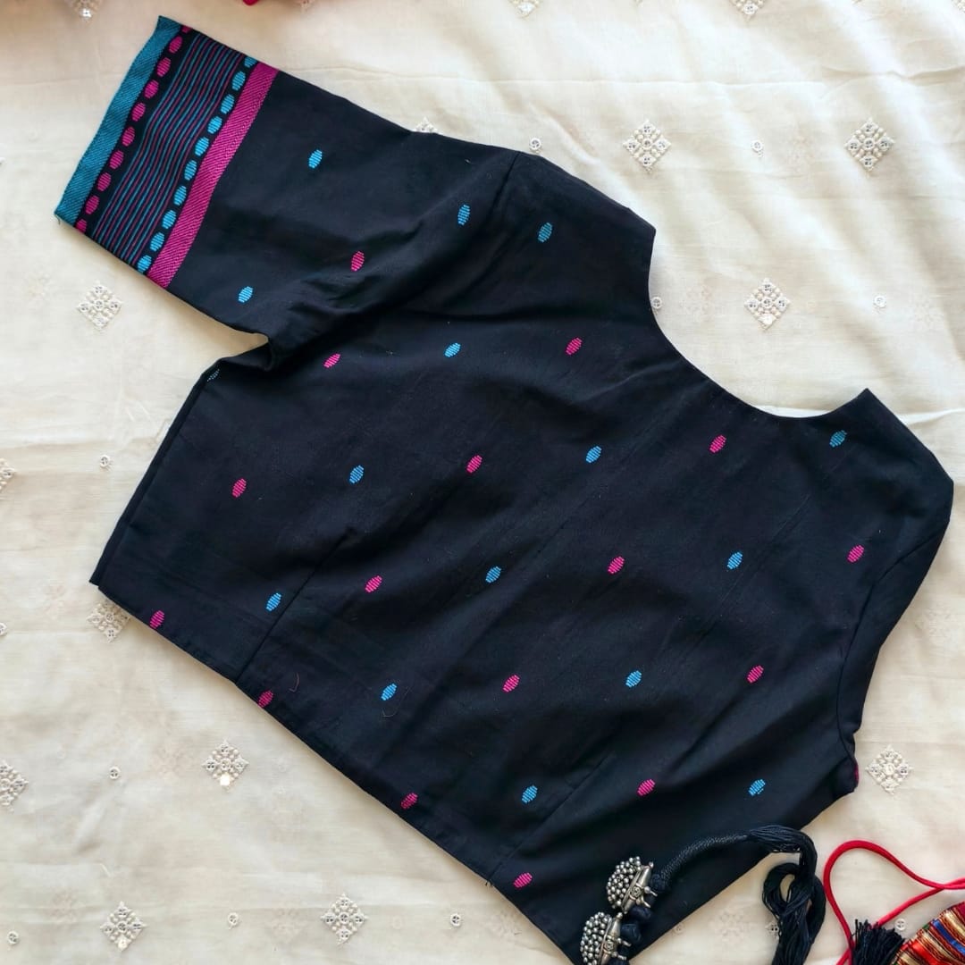 Black Jacquard with Rani Turquoise Weave Motif Readymade Blouse | Godhuli