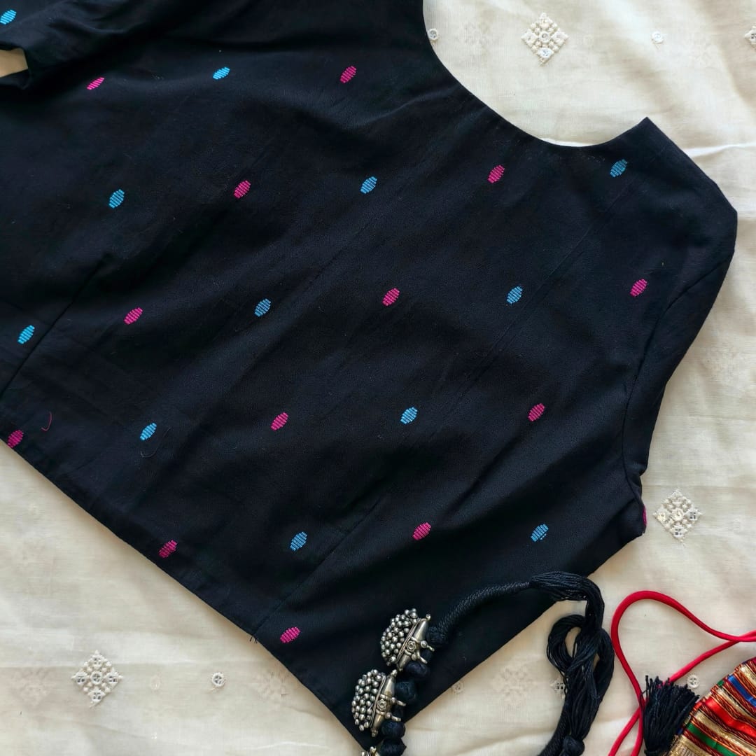 Black Jacquard with Rani Turquoise Weave Motif Readymade Blouse | Godhuli