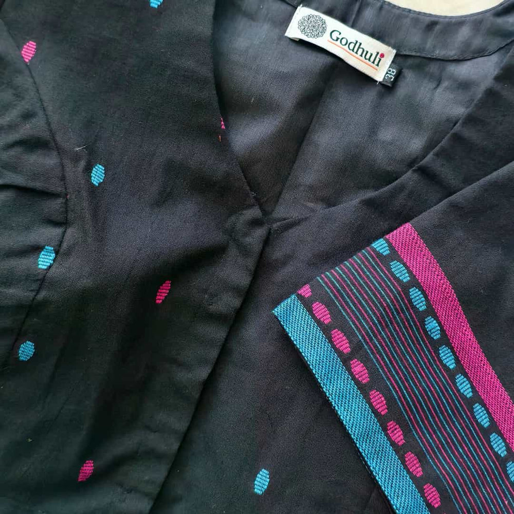 Black Jacquard with Rani Turquoise Weave Motif Readymade Blouse | Godhuli