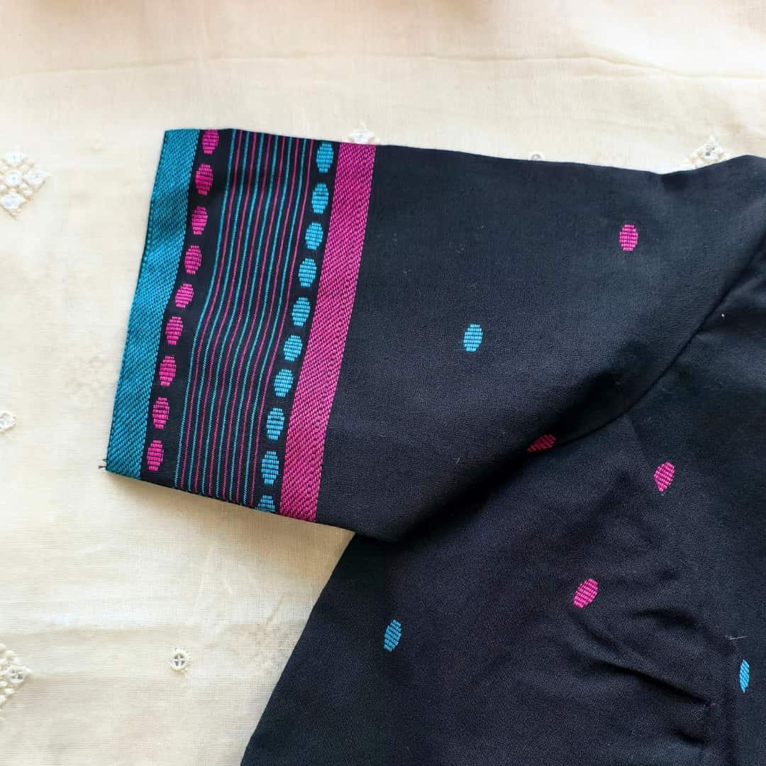 Black Jacquard with Rani Turquoise Weave Motif Readymade Blouse | Godhuli