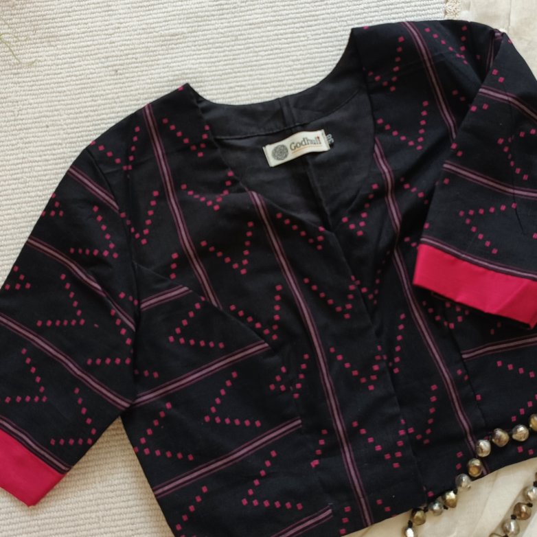 Black Jacquard Readymade Blouse | Godhuli