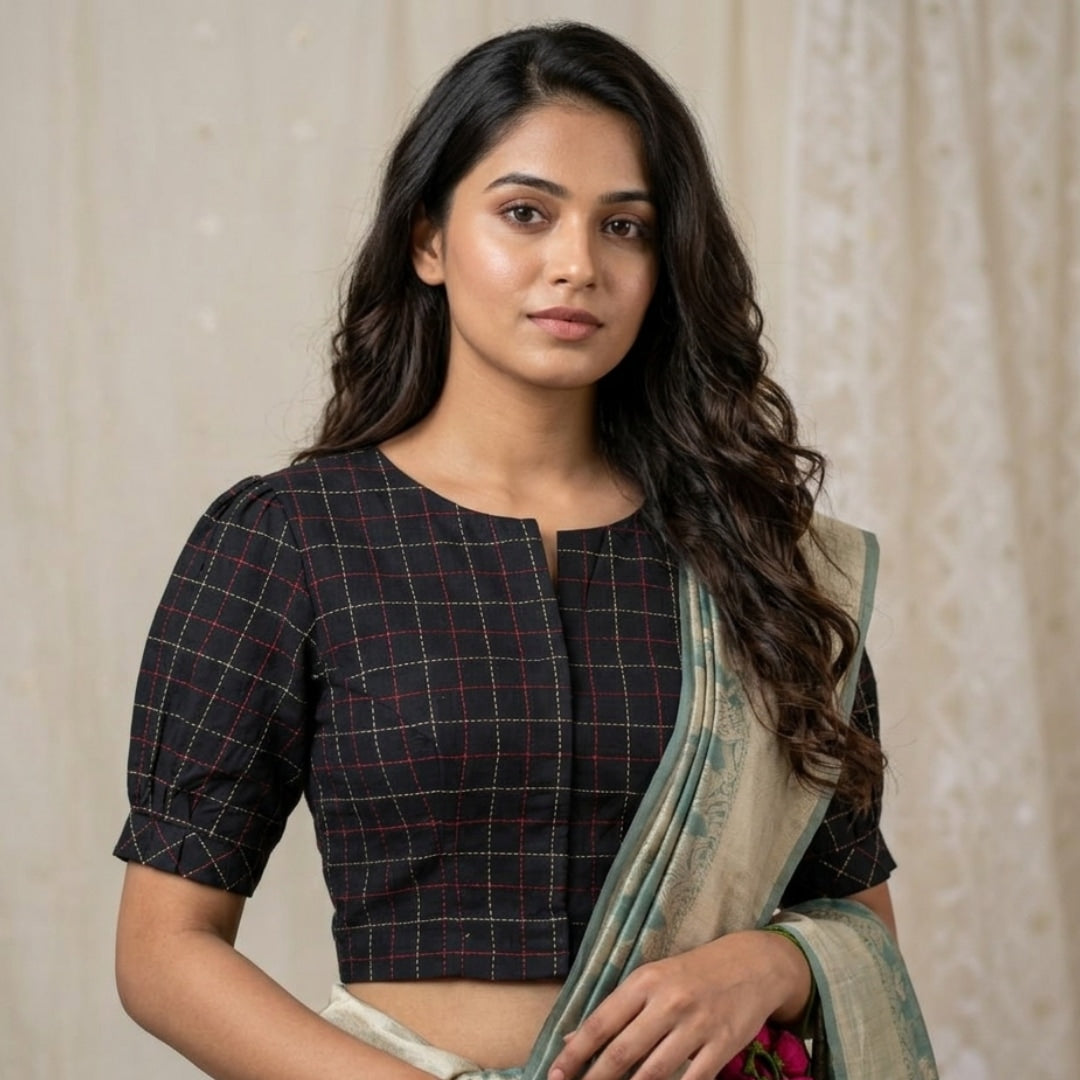 Black Kantha Work Puff Sleeves Readymade Blouse