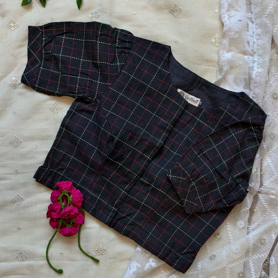 Black Kantha Work Puff Sleeves Readymade Blouse