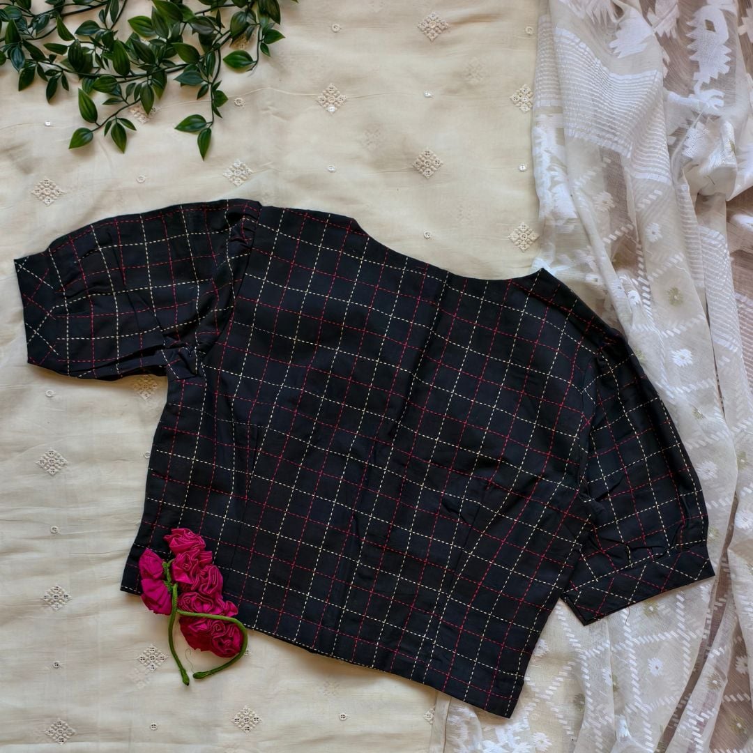 Black Kantha Work Puff Sleeves Readymade Blouse