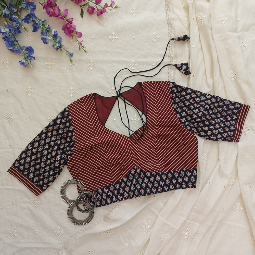 Black Maroon Ajrakh Choli Readymade Blouse | Godhuli