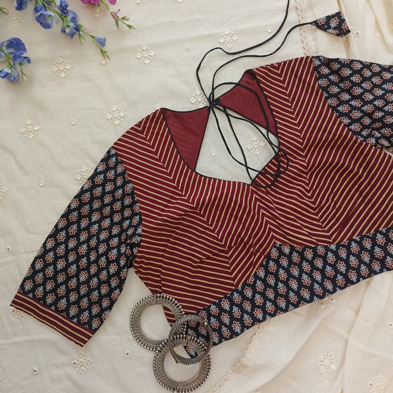 Black Maroon Ajrakh Choli Readymade Blouse | Godhuli