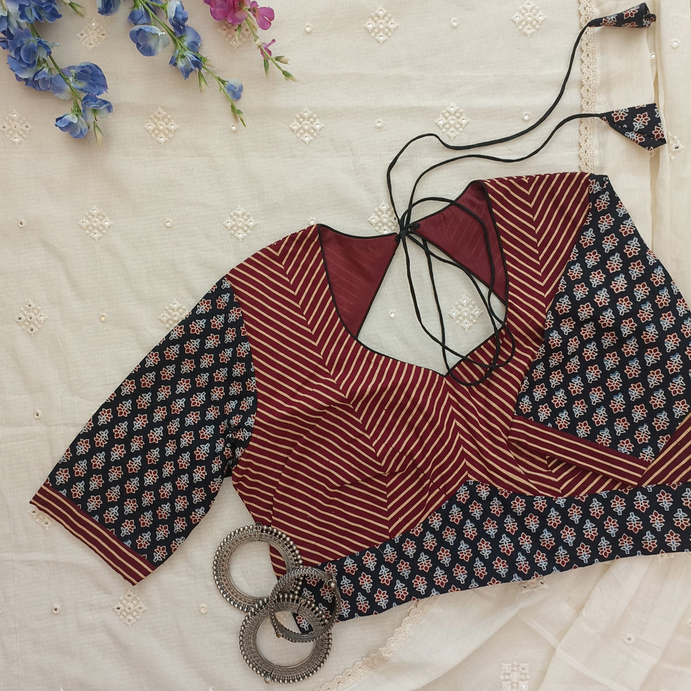 Black Maroon Ajrakh Choli Readymade Blouse | Godhuli