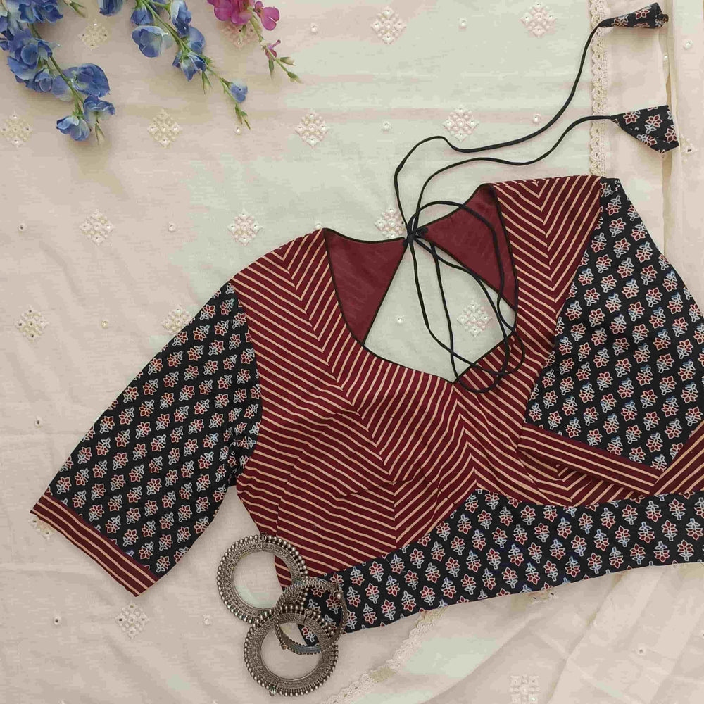 Black Maroon Ajrakh Choli Readymade Blouse | Godhuli