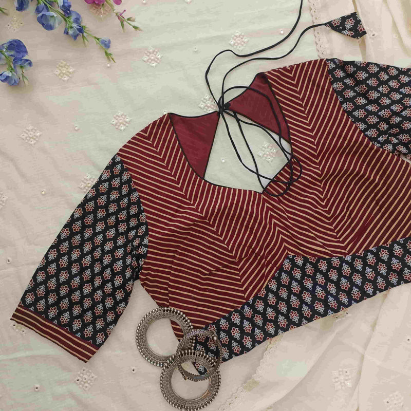Black Maroon Ajrakh Choli Readymade Blouse | Godhuli