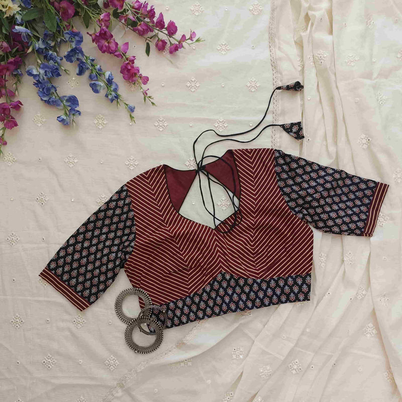 Black Maroon Ajrakh Choli Readymade Blouse | Godhuli
