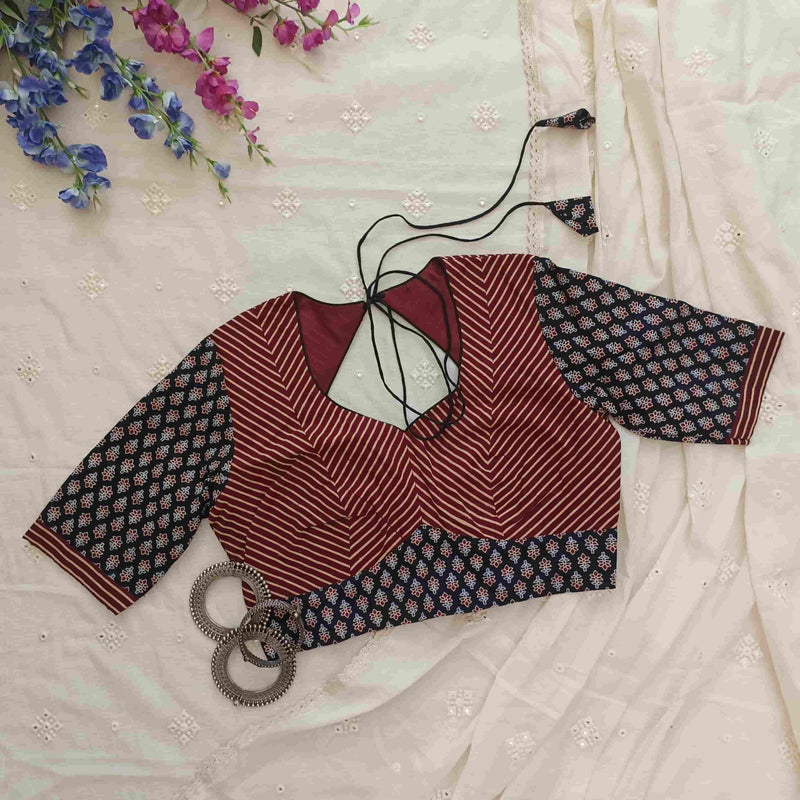 Black Maroon Ajrakh Choli Readymade Blouse | Godhuli