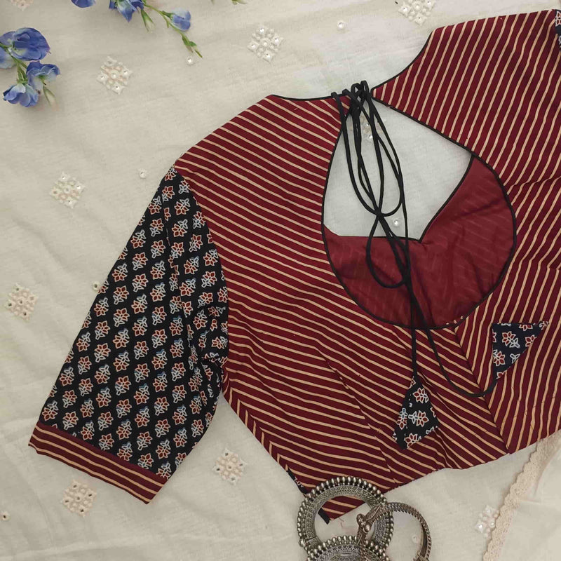 Black Maroon Ajrakh Choli Readymade Blouse | Godhuli