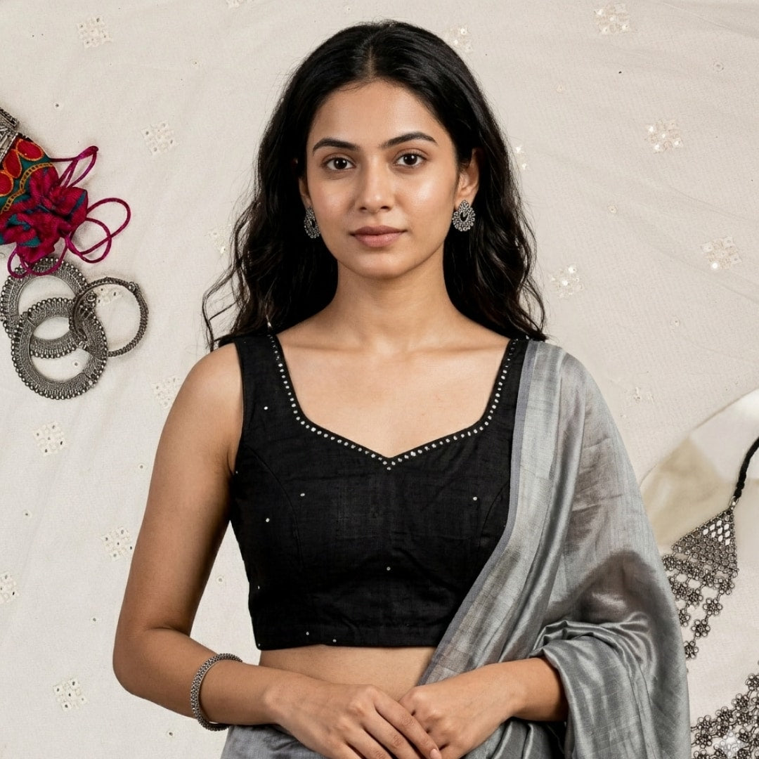 Black Mirrorwork Sleeveless Readymade Blouse