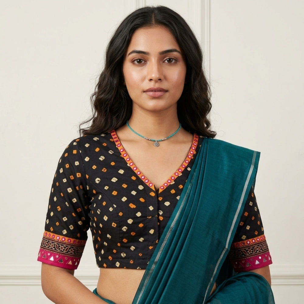 Black Rani Bandhani Mirror Work Readymade Blouse | Godhuli