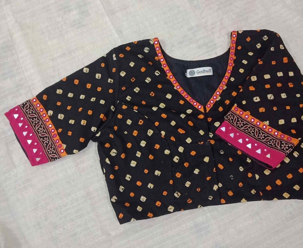 Black Rani Bandhani Mirror Work Readymade Blouse | Godhuli