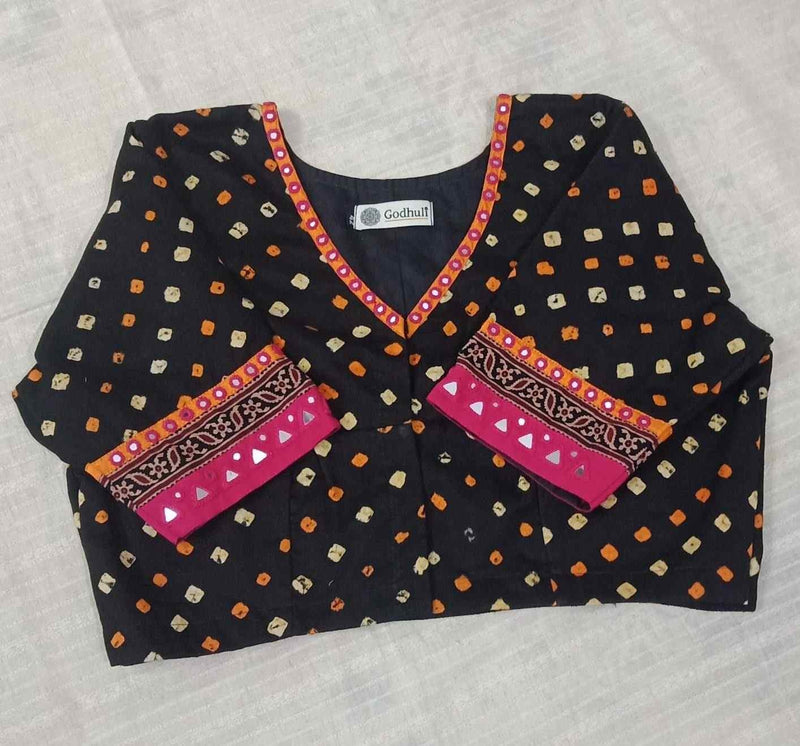 Black Rani Bandhani Mirror Work Readymade Blouse | Godhuli