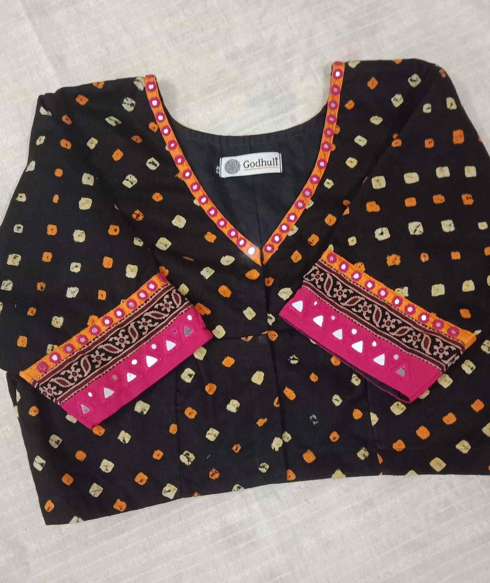 Black Rani Bandhani Mirror Work Readymade Blouse | Godhuli