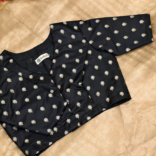 Black Zari Floral Motif Satin Silk Brocade Blouse