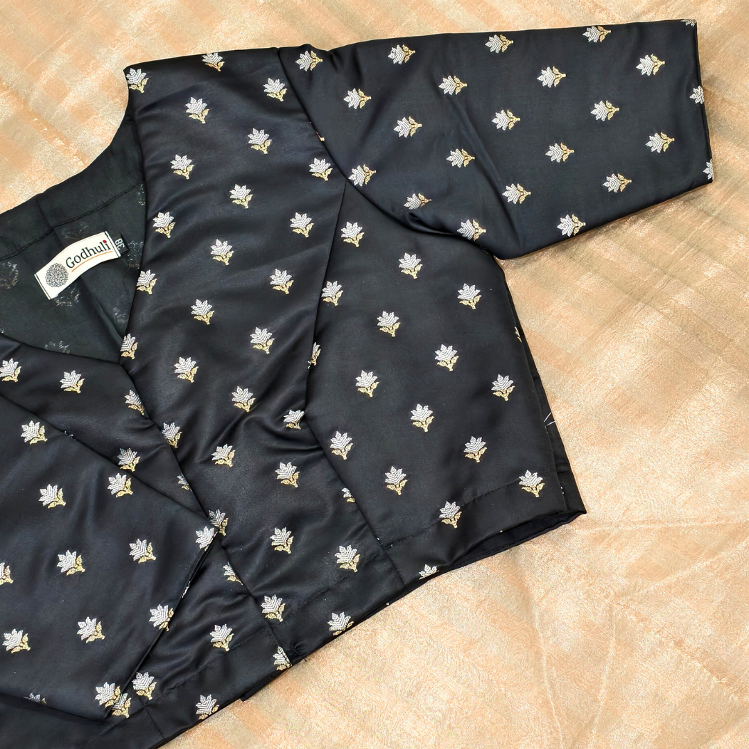 Black Zari Floral Motif Satin Silk Brocade Blouse