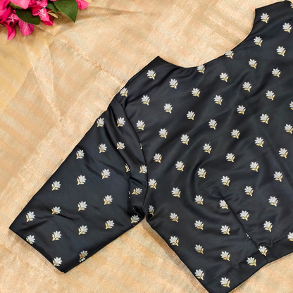 Black Zari Floral Motif Satin Silk Brocade Blouse