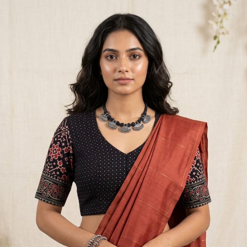 Black Dotted Gamathi Patola Sleeves Readymade Blouse | Godhuli