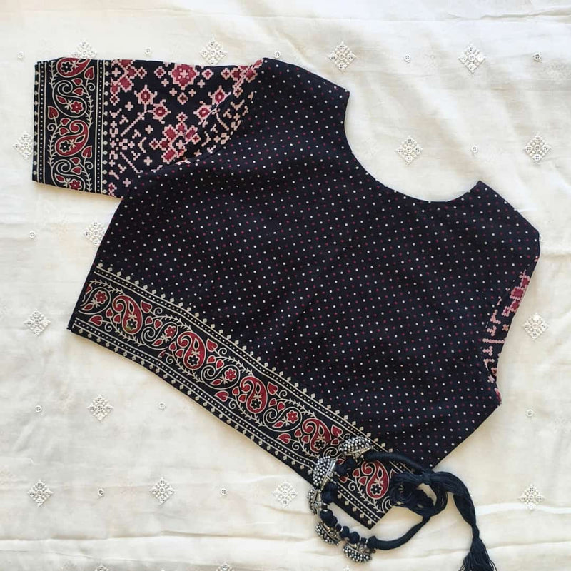 Black Dotted Gamathi Patola Sleeves Readymade Blouse | Godhuli