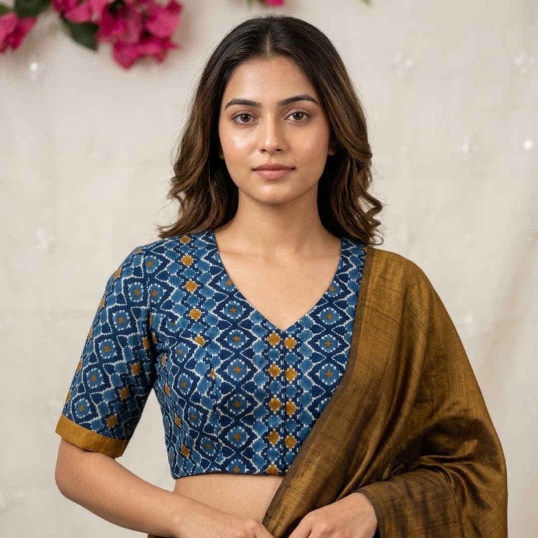 Blue Grey Abstract Kalamkari Readymade Blouse | Godhuli
