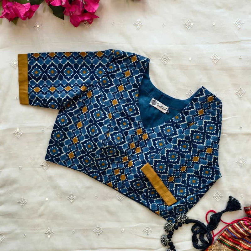Blue Grey Abstract Kalamkari Readymade Blouse | Godhuli