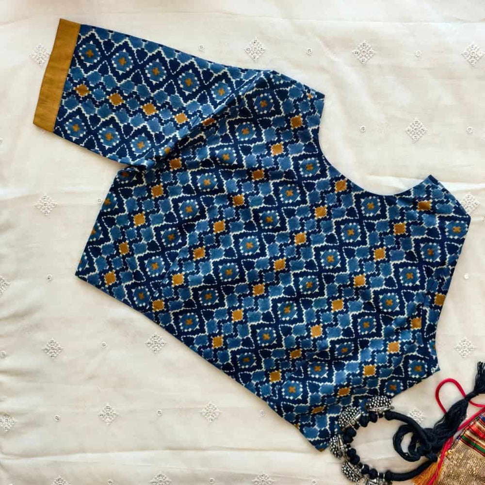 Blue Grey Abstract Kalamkari Readymade Blouse | Godhuli