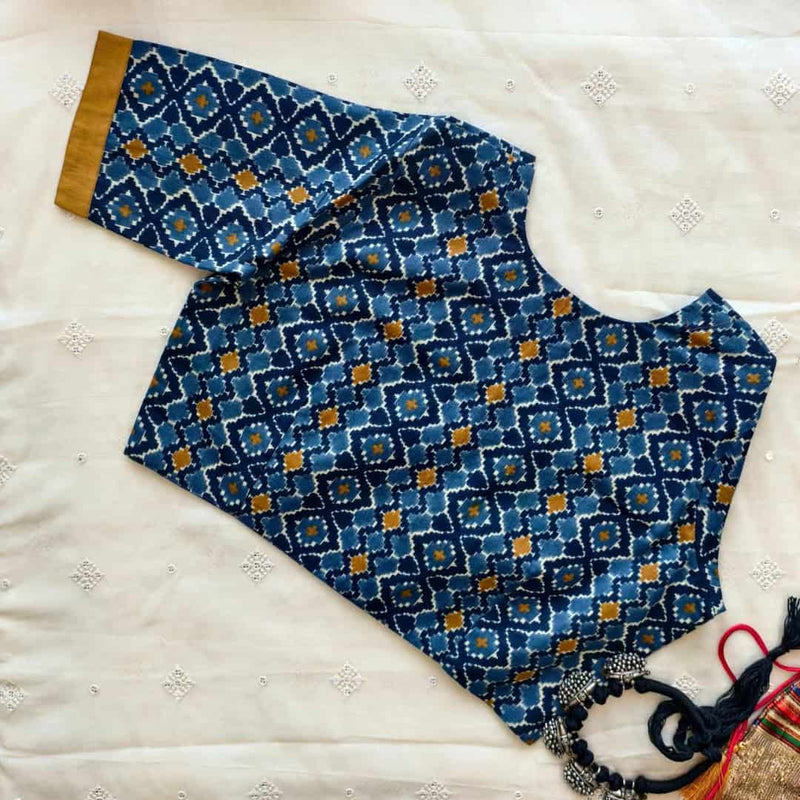 Blue Grey Abstract Kalamkari Readymade Blouse | Godhuli