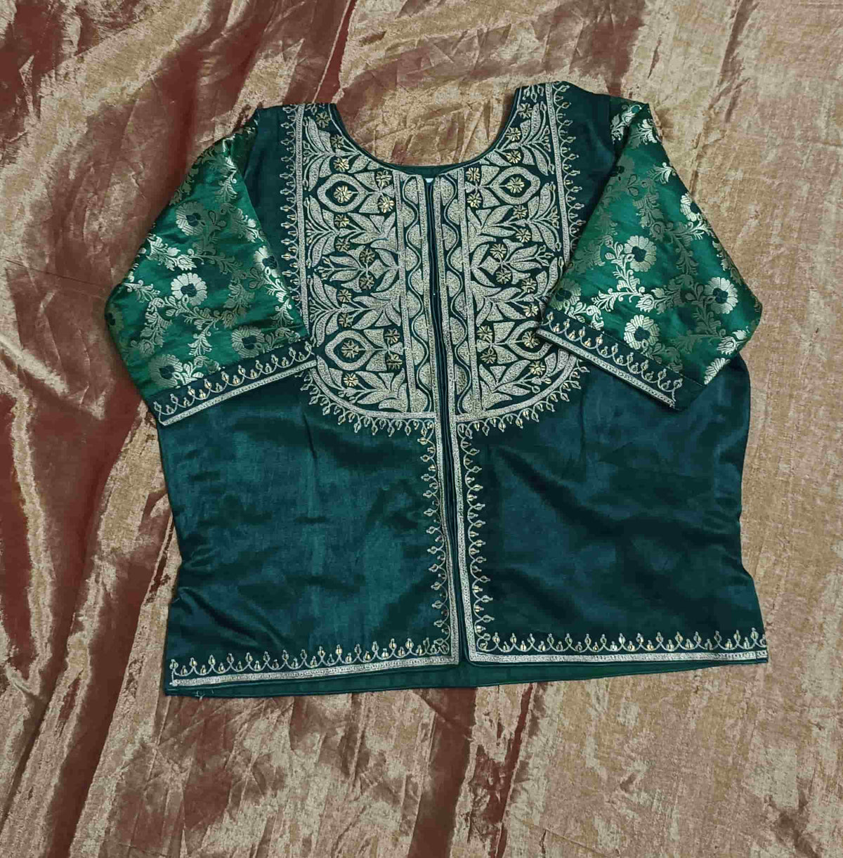Bottle Green Gaji Silk Aari Work Readymade Blouse 