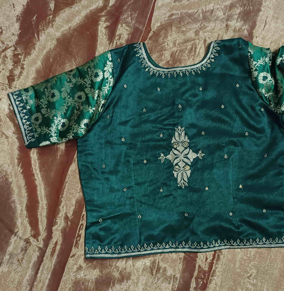 Bottle Green Gaji Silk Aari Work Readymade Blouse 