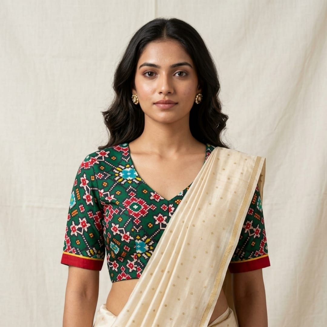 Bottle Green Patola print Dola Silk Readymade Blouse | Godhuli 