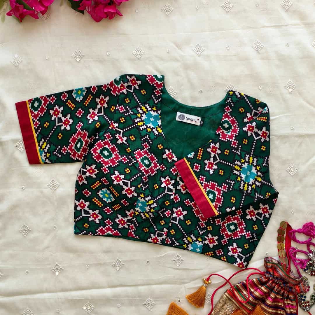Bottle Green Patola print Dola Silk Readymade Blouse | Godhuli 