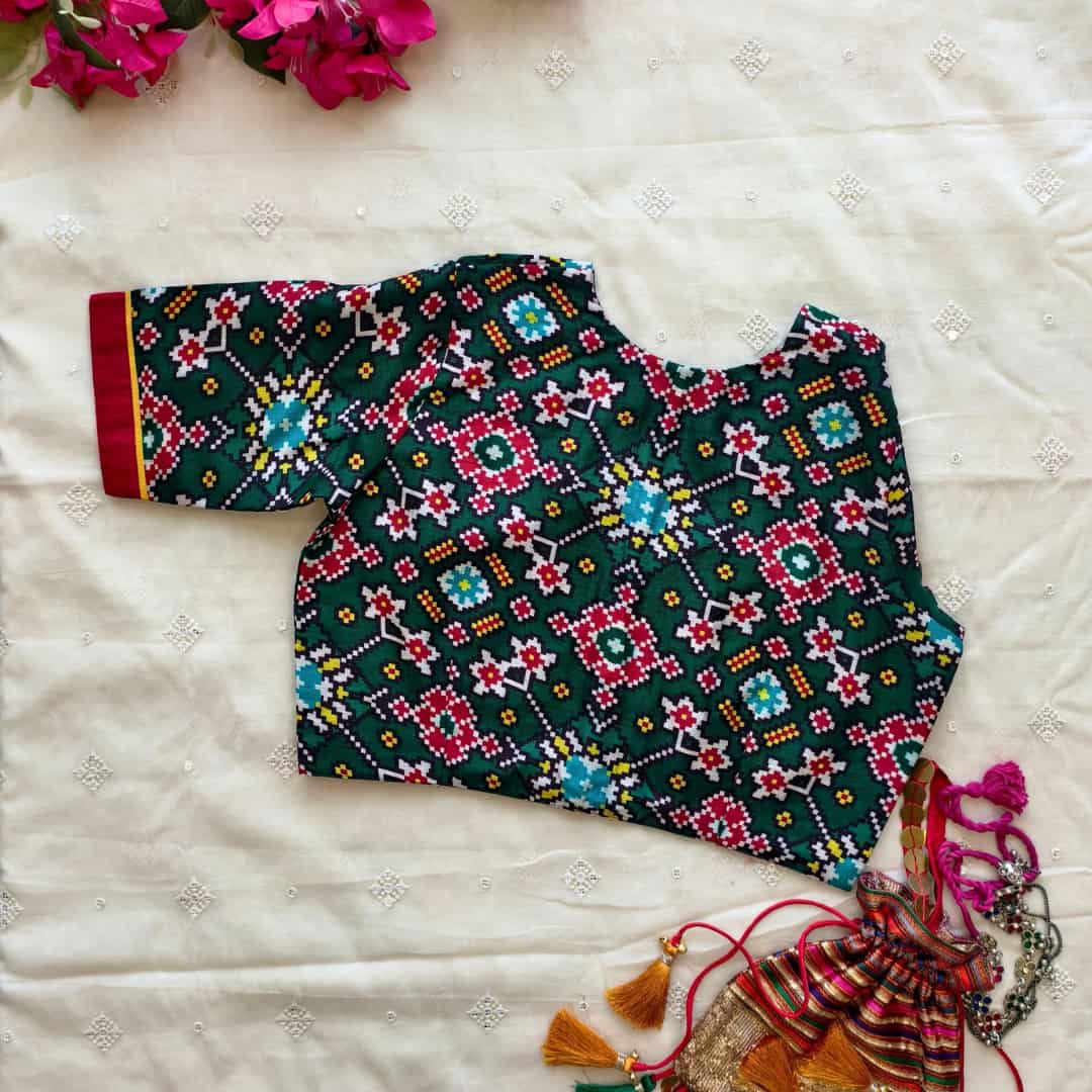 Bottle Green Patola print Dola Silk Readymade Blouse | Godhuli 