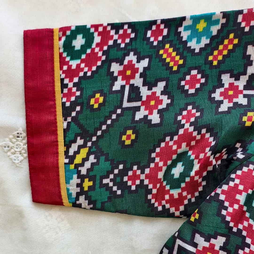 Bottle Green Patola print Dola Silk Readymade Blouse | Godhuli 