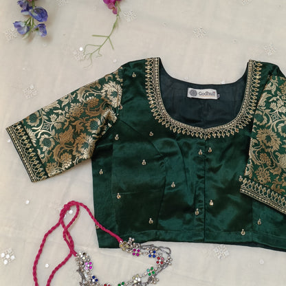 Bottle Green Silk Brocade Sleeves Aari Work Blouse