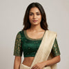 Bottle Green Silk Brocade Sleeves Aari Work Readymade Blouse | Godhuli