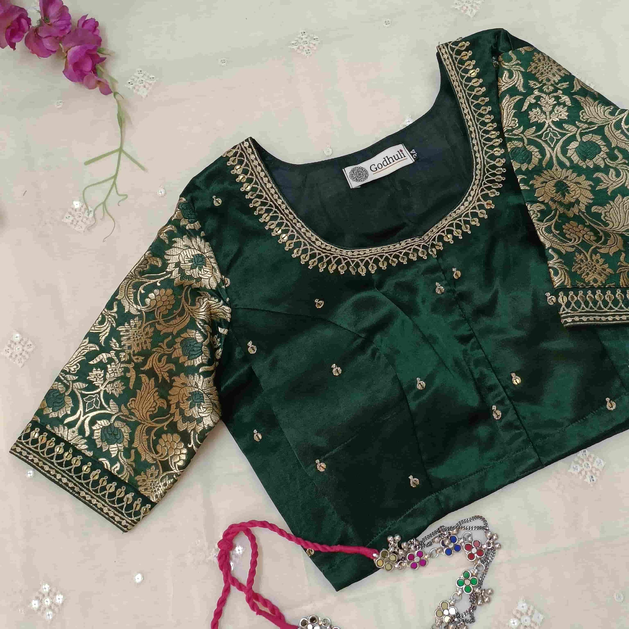 Bottle Green Silk Brocade Sleeves Aari Work Readymade Blouse