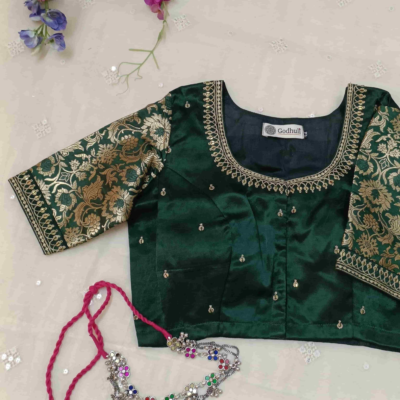 Bottle Green Silk Brocade Sleeves Aari Work Readymade Blouse